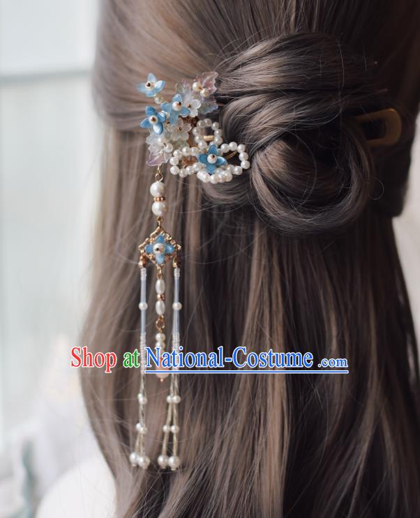 Handmade Chinese Pearls Tassel Hair Clip Traditional Classical Hanfu Hair Accessories Ancient Princess Blue Flowers Hairpins for Women