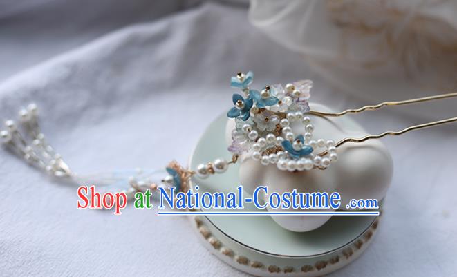 Handmade Chinese Pearls Tassel Hair Clip Traditional Classical Hanfu Hair Accessories Ancient Princess Blue Flowers Hairpins for Women