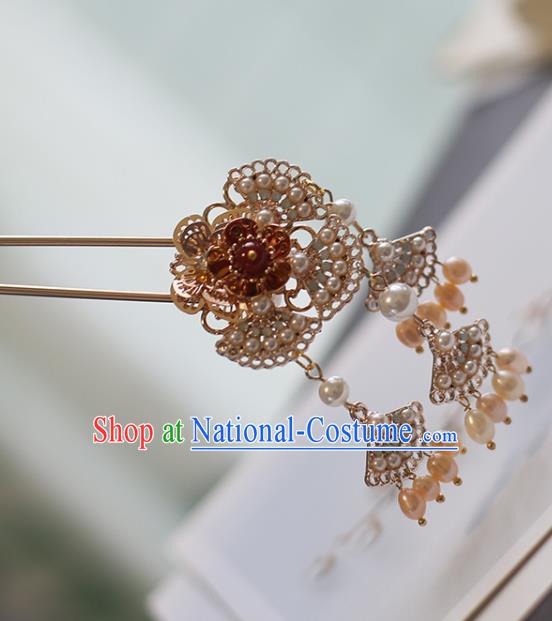 Handmade Chinese Court Red Plum Hair Clip Traditional Classical Hair Accessories Ancient Qing Dynasty Imperial Consort Golden Hairpins for Women