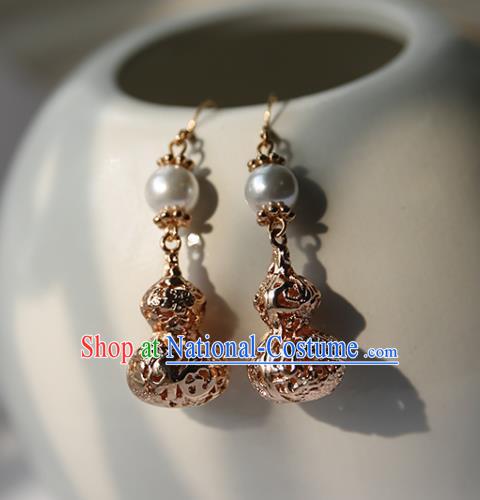 Traditional Chinese Handmade Golden Cucurbit Earrings Ancient Hanfu Court Ear Accessories for Women