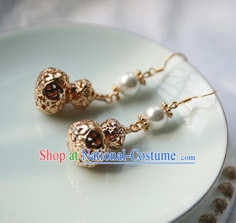 Traditional Chinese Handmade Golden Cucurbit Earrings Ancient Hanfu Court Ear Accessories for Women