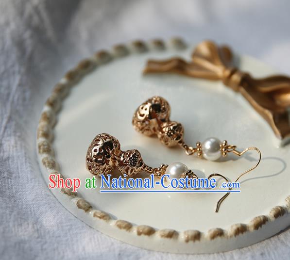 Traditional Chinese Handmade Golden Cucurbit Earrings Ancient Hanfu Court Ear Accessories for Women