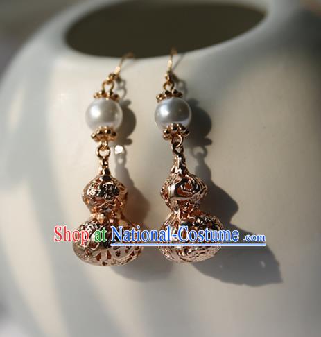 Traditional Chinese Handmade Golden Cucurbit Earrings Ancient Hanfu Court Ear Accessories for Women