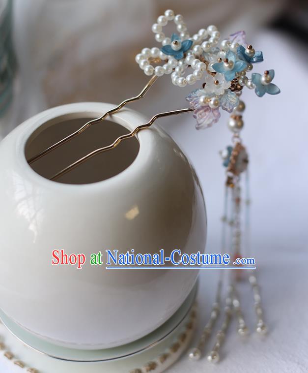 Handmade Chinese Pearls Tassel Hair Clip Traditional Classical Hanfu Hair Accessories Ancient Princess Blue Flowers Hairpins for Women