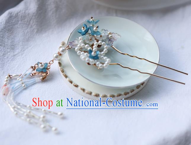 Handmade Chinese Pearls Tassel Hair Clip Traditional Classical Hanfu Hair Accessories Ancient Princess Blue Flowers Hairpins for Women