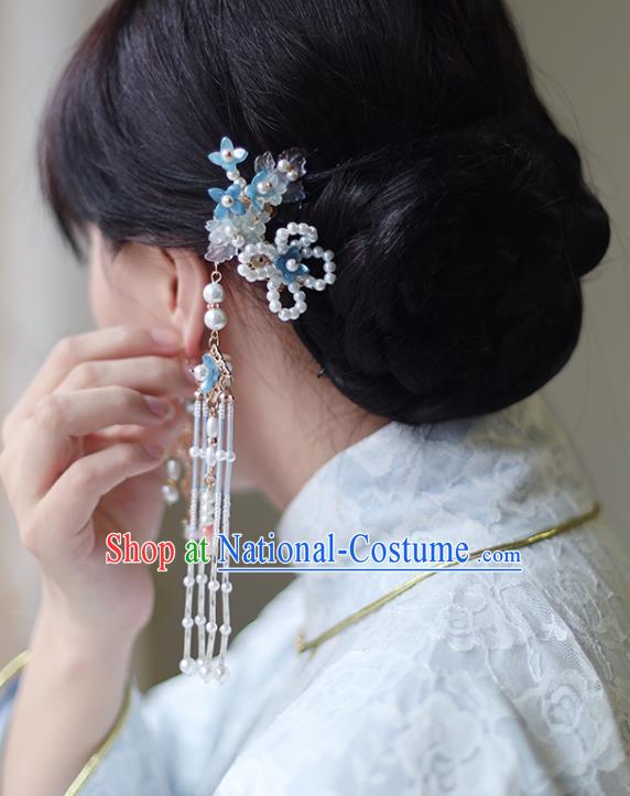 Handmade Chinese Pearls Tassel Hair Clip Traditional Classical Hanfu Hair Accessories Ancient Princess Blue Flowers Hairpins for Women