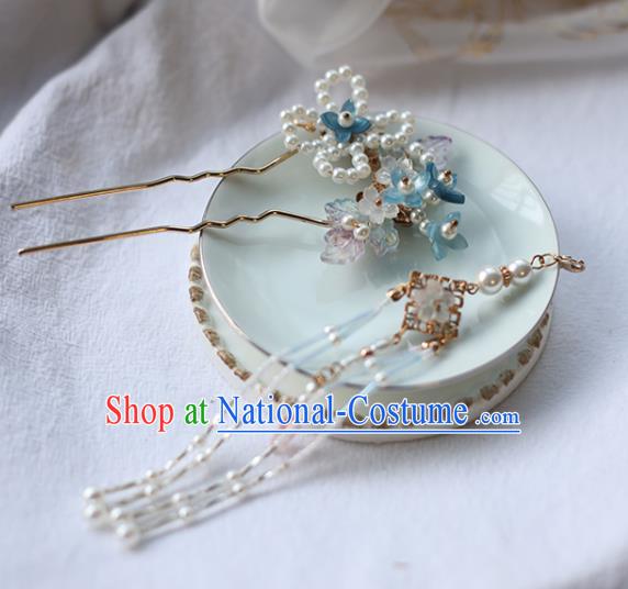 Handmade Chinese Pearls Tassel Hair Clip Traditional Classical Hanfu Hair Accessories Ancient Princess Blue Flowers Hairpins for Women