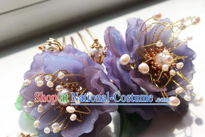 Handmade Chinese Court Hairpins Traditional Classical Hair Accessories Ancient Qing Dynasty Princess Purple Peony Hair Comb for Women