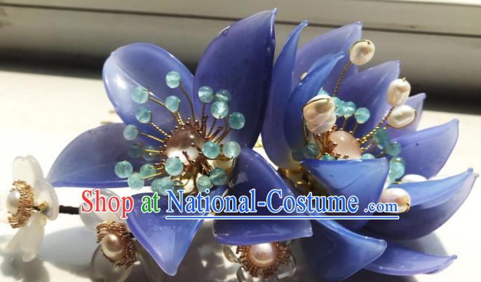 Handmade Chinese Court Chalcedony Hairpins Traditional Classical Hair Accessories Ancient Qing Dynasty Princess Blue Lotus Hair Comb for Women