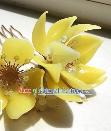 Handmade Chinese Court Pink Chalcedony Hairpins Traditional Classical Hair Accessories Ancient Qing Dynasty Princess Yellow Lotus Hair Comb for Women