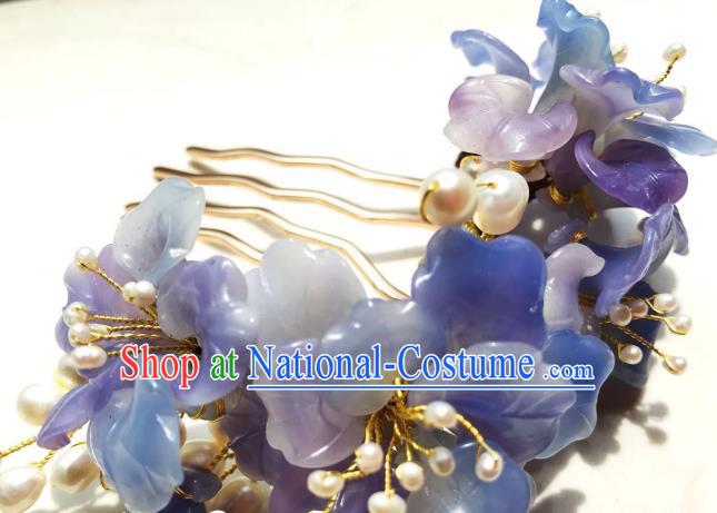 Handmade Chinese Court Blue Flowers Hairpins Traditional Classical Hair Accessories Ancient Qing Dynasty Princess Pearls Hair Comb for Women