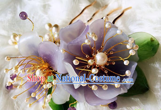 Handmade Chinese Classical Amethyst Beads Hairpins Traditional Hair Accessories Ancient Qing Dynasty Purple Peony Hair Comb for Women