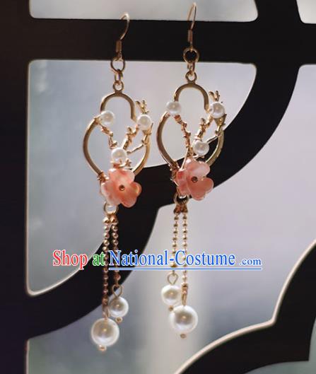 Traditional Chinese Handmade Pink Plum Earrings Ancient Hanfu Tassel Ear Accessories for Women