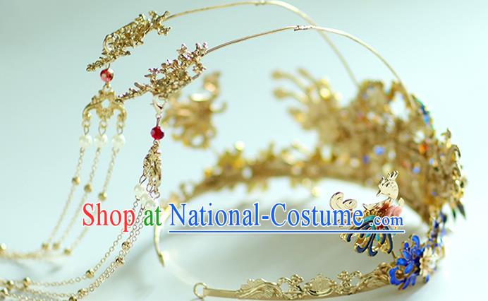 Chinese Classical Ming Dynasty Blueing Hair Crown Traditional Hanfu Hair Accessories Handmade Tassel Phoenix Coronet for Women