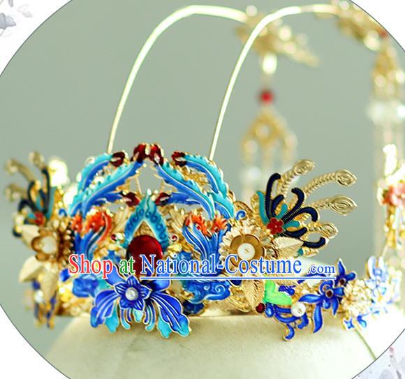 Chinese Classical Ming Dynasty Blueing Hair Crown Traditional Hanfu Hair Accessories Handmade Tassel Phoenix Coronet for Women