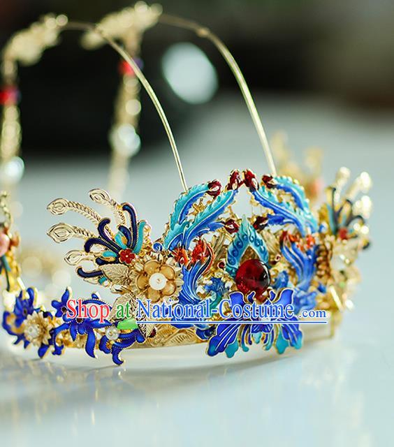 Chinese Classical Ming Dynasty Blueing Hair Crown Traditional Hanfu Hair Accessories Handmade Tassel Phoenix Coronet for Women