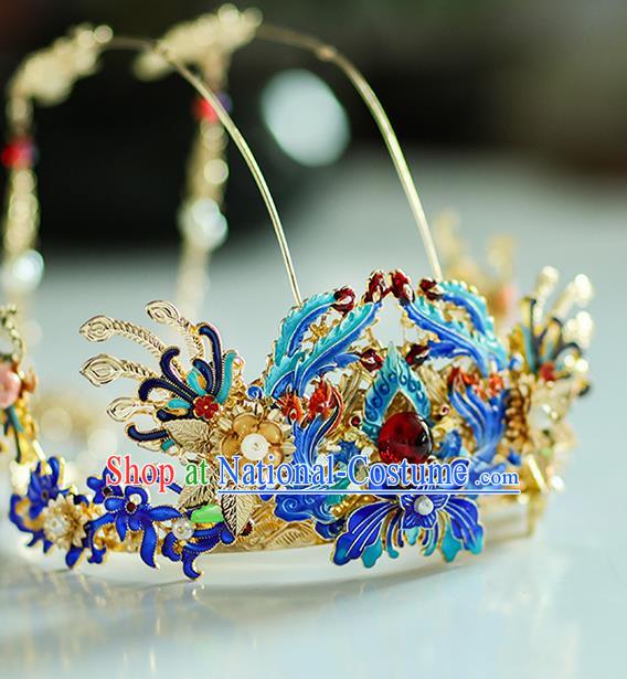 Chinese Classical Ming Dynasty Blueing Hair Crown Traditional Hanfu Hair Accessories Handmade Tassel Phoenix Coronet for Women