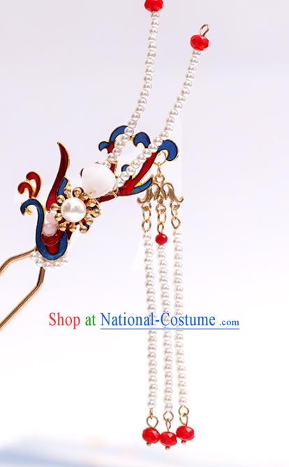 Handmade Chinese Classical Blueing Phoenix Hairpins Traditional Hair Accessories Ancient Qing Dynasty Pearls Tassel Hair Clip for Women