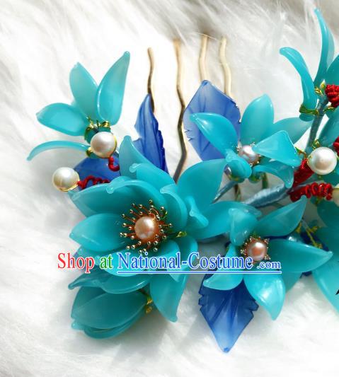 Handmade Chinese Court Blue Peach Blossom Hair Comb Traditional Classical Hair Accessories Ancient Qing Dynasty Hairpins for Women