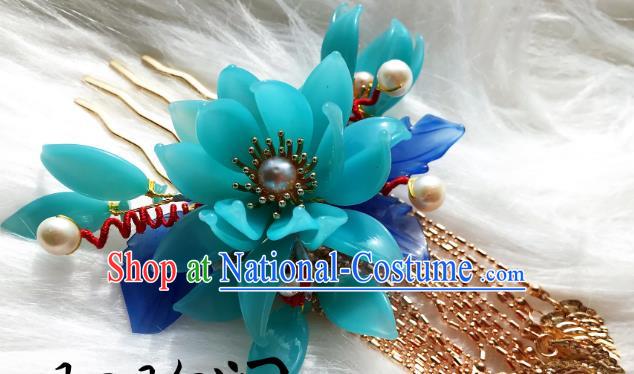 Handmade Chinese Court Blue Peach Blossom Hair Comb Traditional Classical Hair Accessories Ancient Qing Dynasty Hairpins for Women