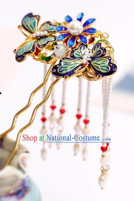 Handmade Chinese Classical Blueing Butterfly Hairpins Traditional Hair Accessories Ancient Hanfu Tassel Hair Clip for Women