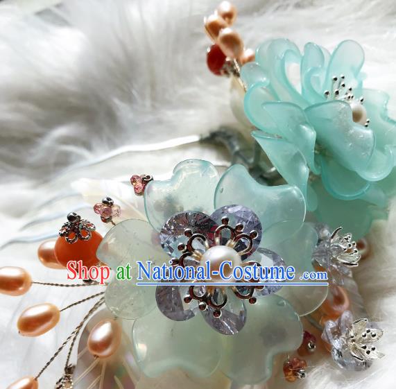 Handmade Chinese Court Green Peony Hair Comb Traditional Classical Hair Accessories Ancient Qing Dynasty Pearls Hairpins for Women