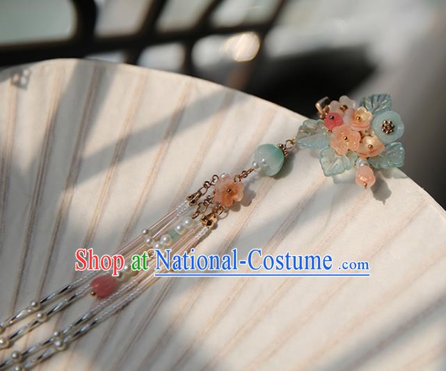 Handmade Chinese Beads Tassel Hair Claw Traditional Classical Hanfu Hair Accessories Ancient Pink Flowers Hairpins for Women