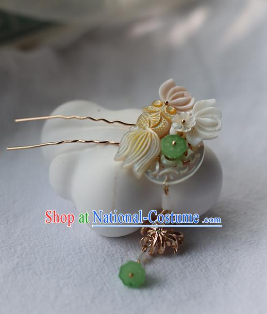 Handmade Chinese Tassel Hair Clip Traditional Classical Hanfu Hair Accessories Ancient Princess Shell Carving Goldfish Hairpins for Women