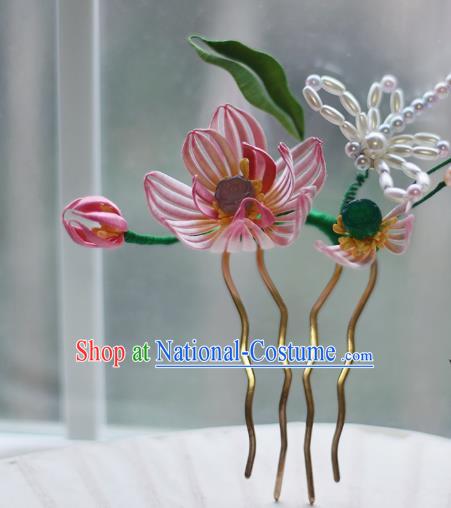 Handmade Chinese Classical Pearls Dragonfly Hair Comb Traditional Hair Accessories Ancient Hanfu Court Pink Silk Lotus Hairpins for Women