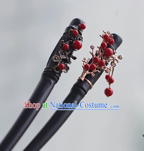 Handmade Chinese Classical Red Beads Hair Clip Traditional Hair Accessories Ancient Hanfu Carving Plum Ebony Hairpins for Women