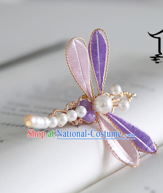 Handmade Chinese Classical Pearls Hairpins Traditional Hair Accessories Ancient Hanfu Purple Silk Dragonfly Hair Claw for Women