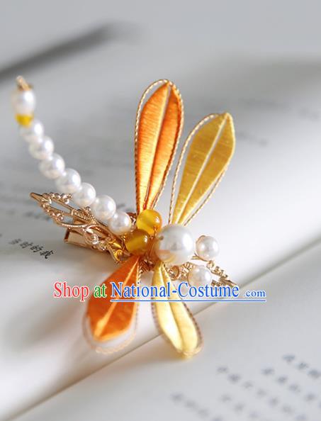 Handmade Chinese Classical Pearls Hairpins Traditional Hair Accessories Ancient Hanfu Yellow Silk Dragonfly Hair Claw for Women