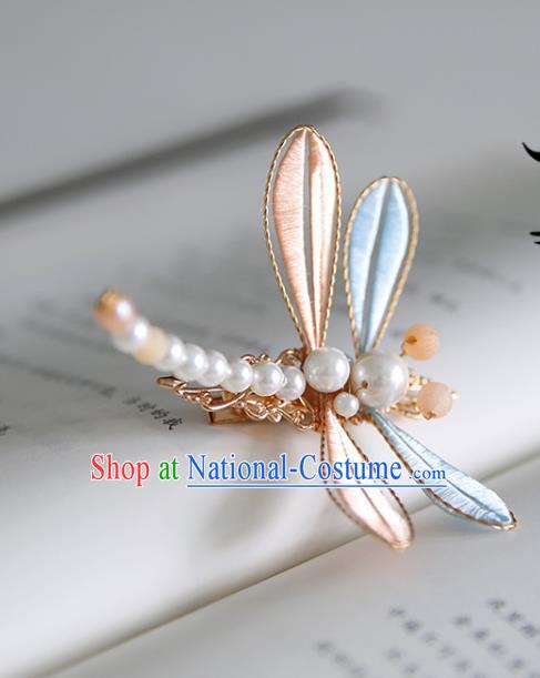 Handmade Chinese Classical Pearls Hairpins Traditional Hair Accessories Ancient Hanfu Pink Silk Dragonfly Hair Claw for Women