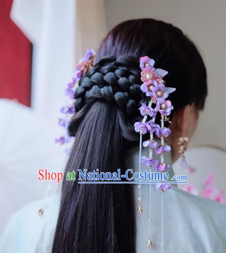 Handmade Chinese Classical Purple Silk Wisteria Hair Claw Traditional Hair Accessories Ancient Hanfu Hairpins Tassel Hair Stick for Women