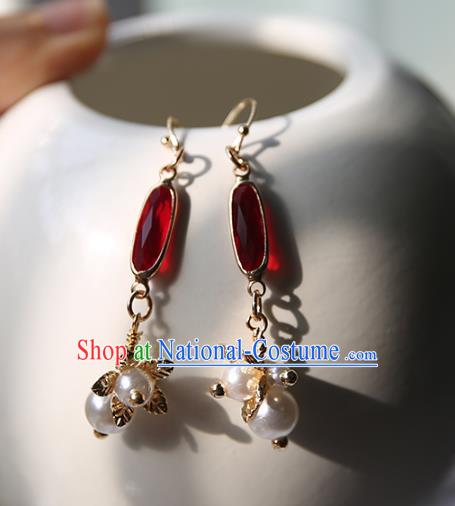 Traditional Chinese Handmade Red Gem Earrings Ancient Hanfu Ear Accessories for Women