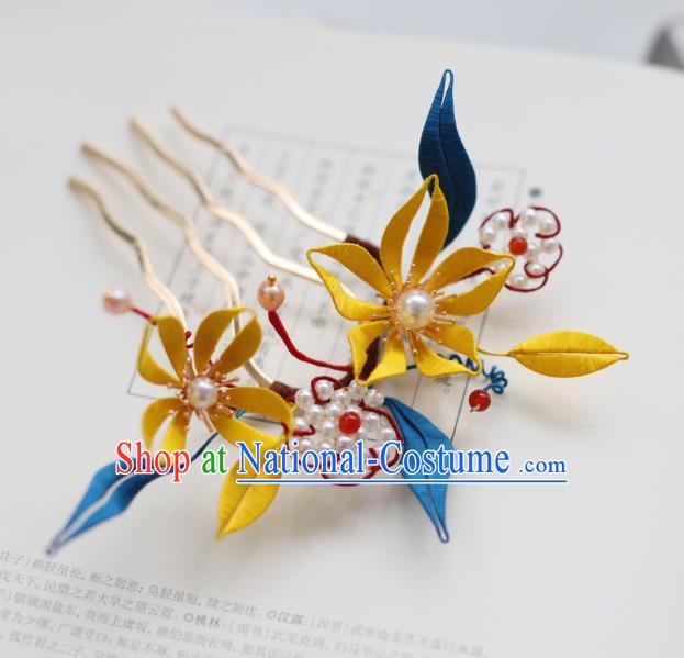 Handmade Chinese Classical Yellow Silk Flowers Hairpins Traditional Hair Accessories Ancient Qing Dynasty Court Hair Comb for Women