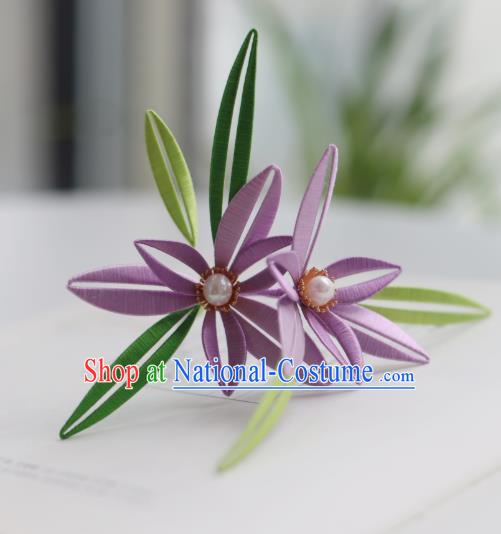 Handmade Chinese Classical Purple Silk Flowers Hairpins Traditional Hair Accessories Ancient Qing Dynasty Court Orchid Hair Clip for Women