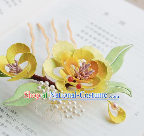 Handmade Chinese Classical Yellow Silk Flowers Hairpins Traditional Hair Accessories Ancient Qing Dynasty Court Peony Hair Comb for Women