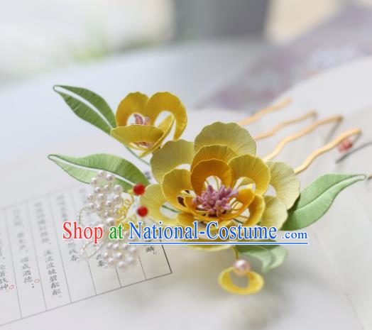 Handmade Chinese Classical Yellow Silk Flowers Hairpins Traditional Hair Accessories Ancient Qing Dynasty Court Peony Hair Comb for Women