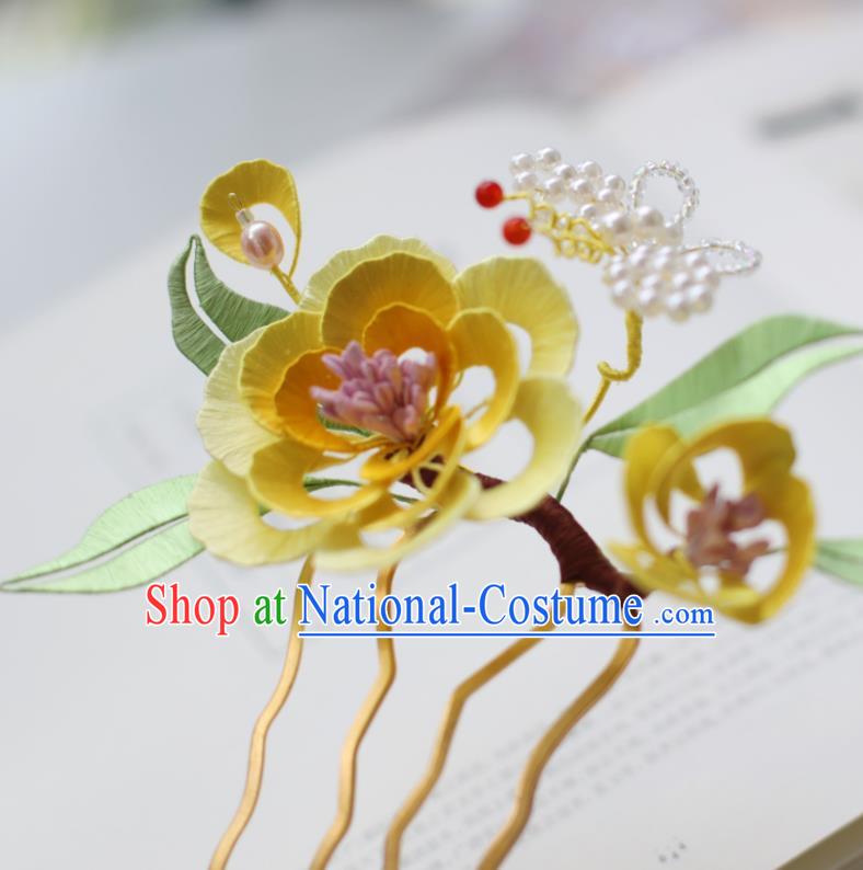 Handmade Chinese Classical Yellow Silk Flowers Hairpins Traditional Hair Accessories Ancient Qing Dynasty Court Peony Hair Comb for Women