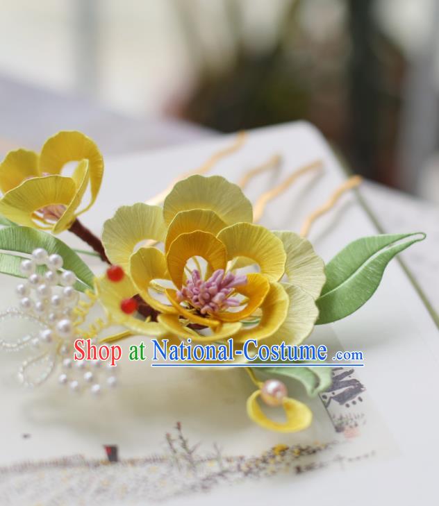 Handmade Chinese Classical Yellow Silk Flowers Hairpins Traditional Hair Accessories Ancient Qing Dynasty Court Peony Hair Comb for Women