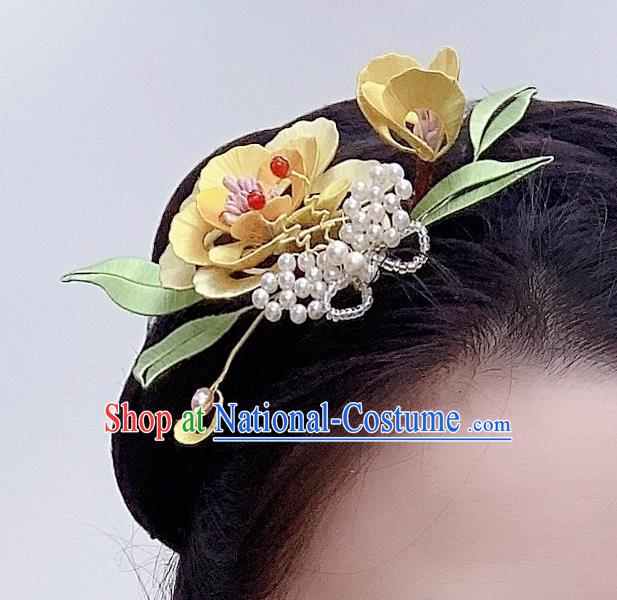 Handmade Chinese Classical Yellow Silk Flowers Hairpins Traditional Hair Accessories Ancient Qing Dynasty Court Peony Hair Comb for Women