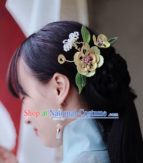 Handmade Chinese Classical Yellow Silk Flowers Hairpins Traditional Hair Accessories Ancient Qing Dynasty Court Peony Hair Comb for Women