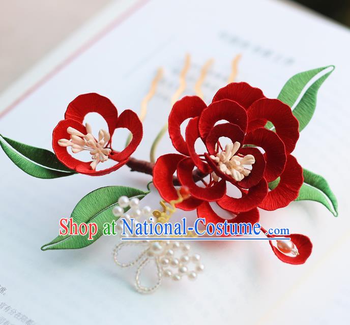 Handmade Chinese Classical Silk Flowers Hairpins Traditional Hair Accessories Ancient Qing Dynasty Court Red Peony Hair Comb for Women