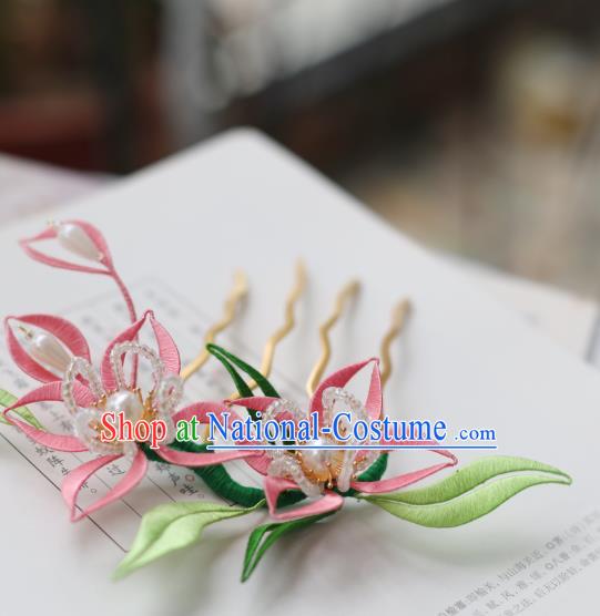 Handmade Chinese Classical Court Pearls Hairpins Traditional Hair Accessories Ancient Qing Dynasty Pink Silk Flower Hair Comb for Women