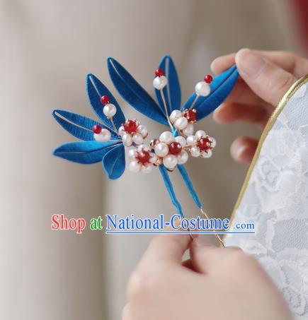 Handmade Chinese Classical Pearls Hairpins Traditional Hair Accessories Ancient Hanfu Blue Silk Bamboo Leaf Hair Clip for Women