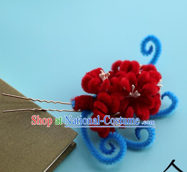 Handmade Chinese Qing Dynasty Hairpins Traditional Classical Hair Accessories Ancient Red Velvet Chrysanthemum Hair Clip for Women