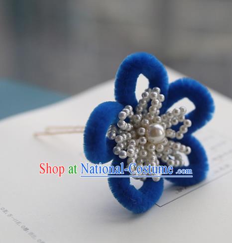 Handmade Chinese Qing Dynasty Hairpins Traditional Classical Hair Accessories Ancient Royalblue Velvet Plum Hair Clip for Women