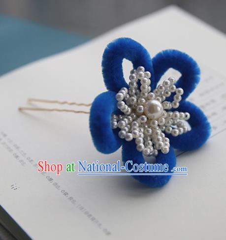 Handmade Chinese Qing Dynasty Hairpins Traditional Classical Hair Accessories Ancient Royalblue Velvet Plum Hair Clip for Women