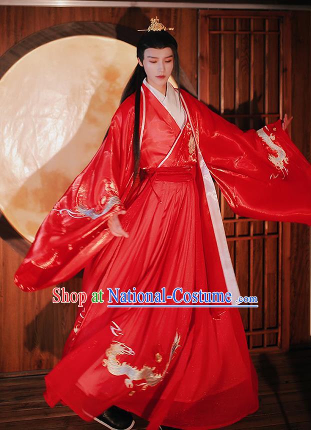 Chinese Traditional Ming Dynasty Prince Hanfu Garment Ancient Wedding Historical Costumes Red Cloak Shirt and Skirt Full Set